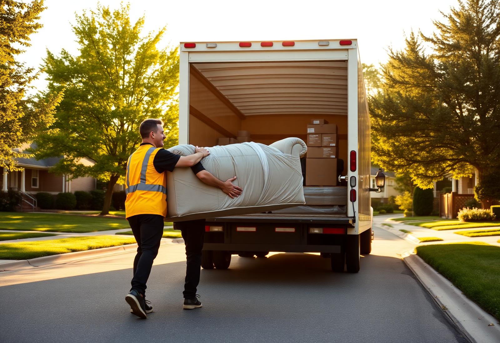 Busy Bee movers loading a truck in a suburban neighborhood